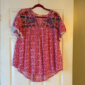 Umgee Pink Floral Embroidered Blouse